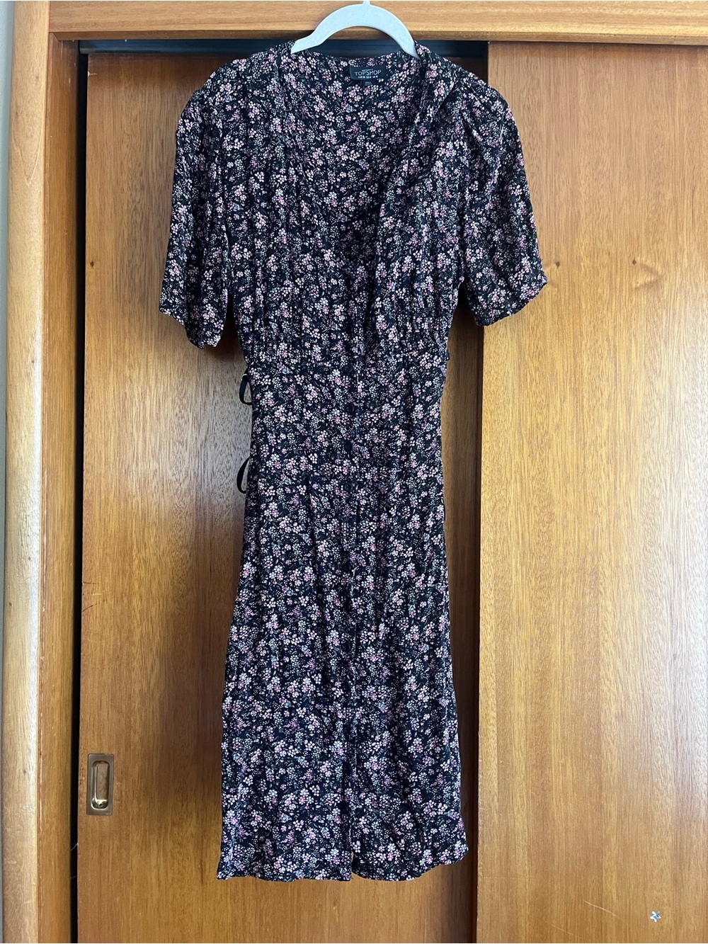 Topshop Black Midi Wrap Dress with Pink Floral Print